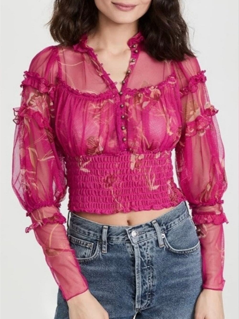 Free People Time For Shine Pink Floral Sheer Mesh Cropped Top Size Small